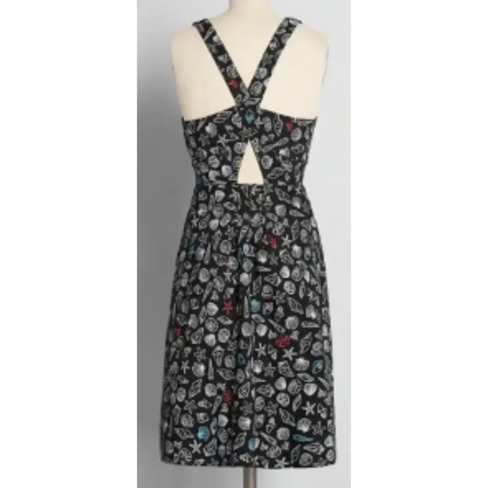 Modcloth Black Linen Blend Mixed Seashell Dress 0 NWT - Picture 2 of 5